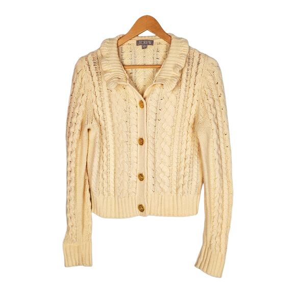 J. Crew Cable Knit Ruffleneck Cardigan Sweater Wool Butter Cream BV351 Medium - Picture 4 of 12